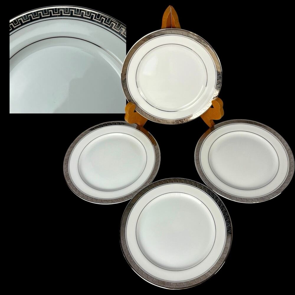 4 Vintage Narumi Mikasa Alton Bread & Butter Plates Platinum Greek Key Trim 6.5”